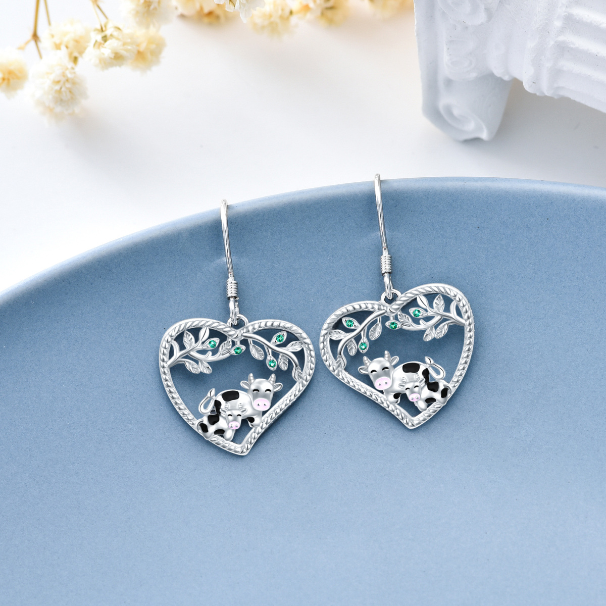 Sterling Silver Cow & Heart Drop Earrings-3