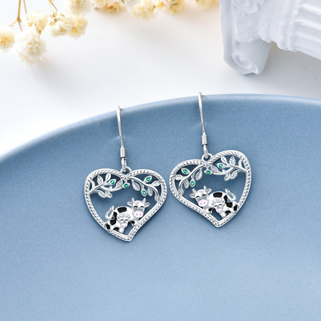 Pendants d'oreilles vache et cœur en argent sterling-3