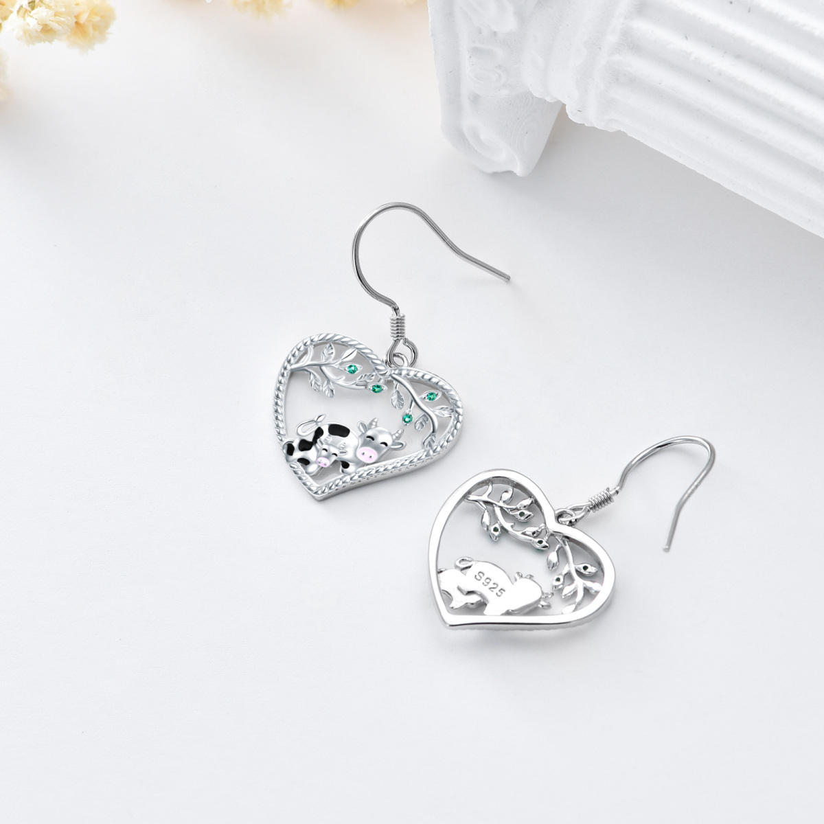 Sterling Silver Cow & Heart Drop Earrings-4