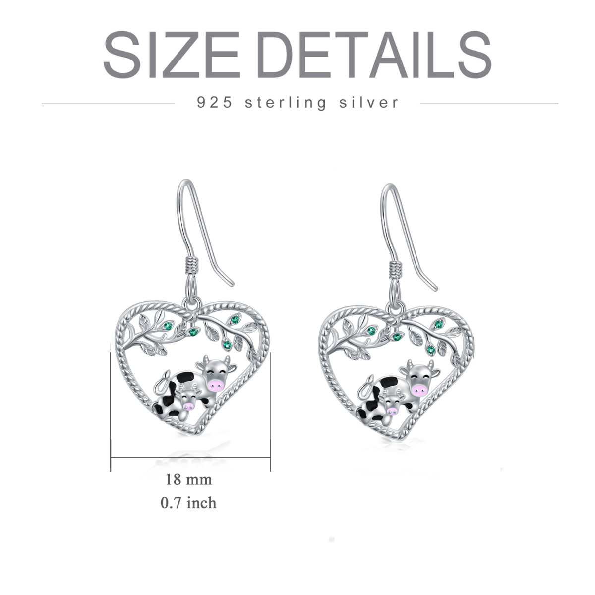 Pendants d'oreilles vache et cœur en argent sterling-5