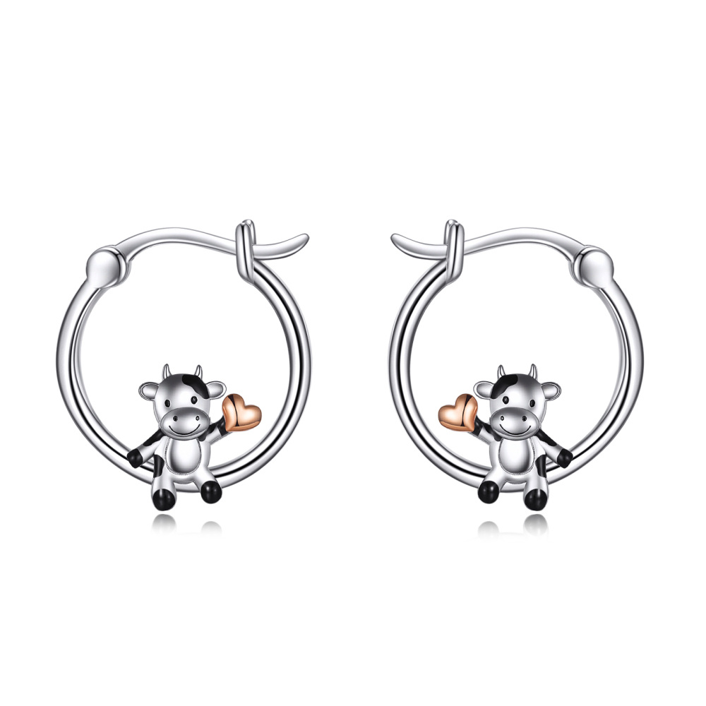 Pendientes de aro vaca y corazón de plata de ley-1