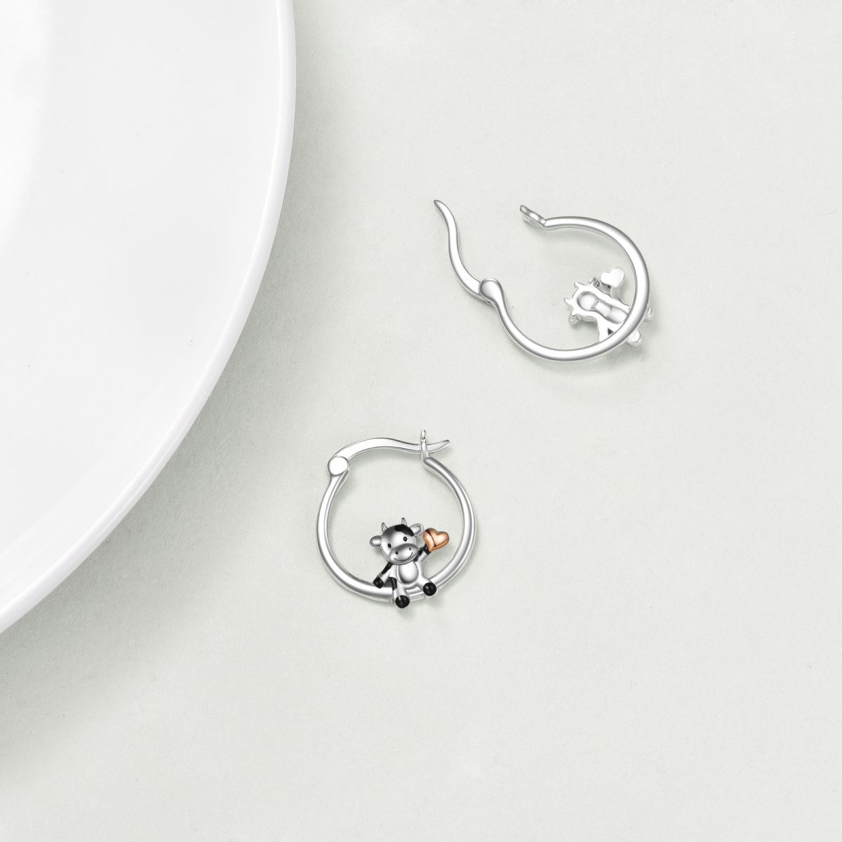 Sterling Silver Cow & Heart Hoop Earrings-3