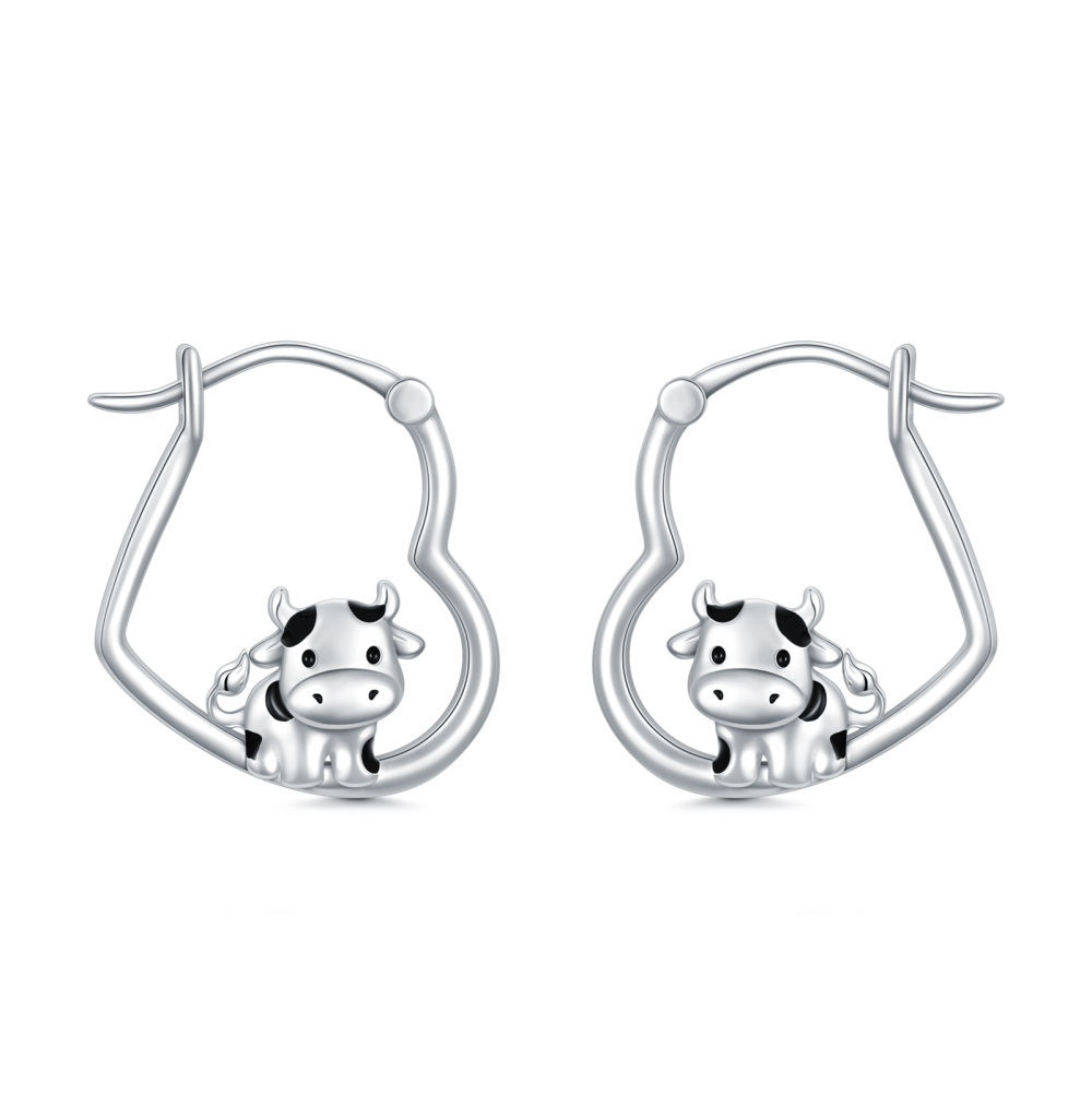 Sterling Silver Cow & Heart Hoop Earrings-1