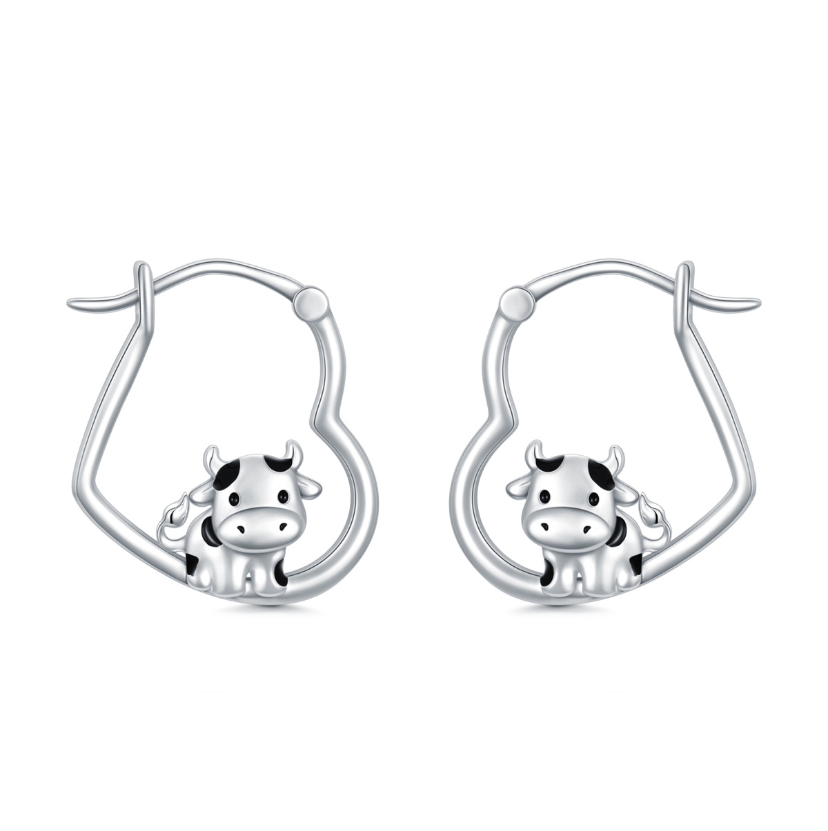 Sterling Silver Cow & Heart Hoop Earrings-1