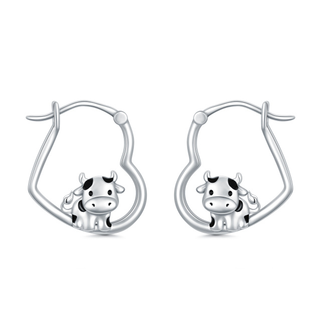 Sterling Silver Cow & Heart Hoop Earrings-1