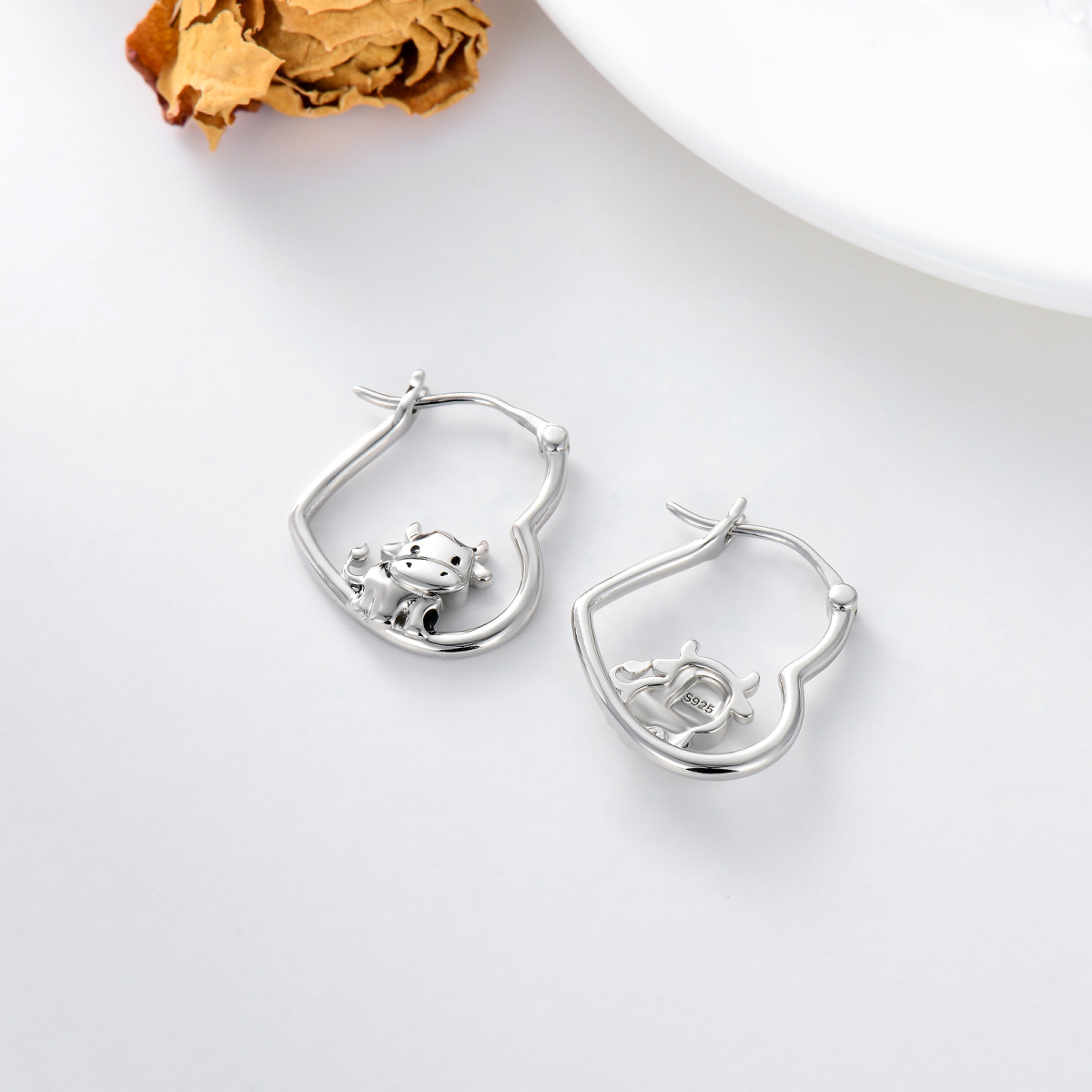 Boucles d'oreilles en argent sterling avec vache et cœur-5