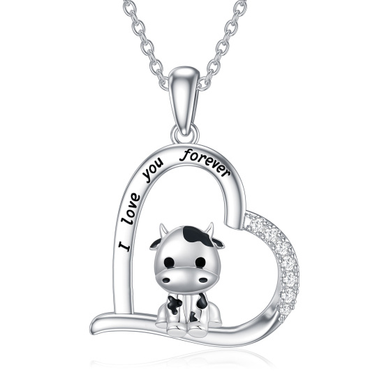 Sterling Silver Cow & Heart Pendant Necklace Engraved I Love You Forever