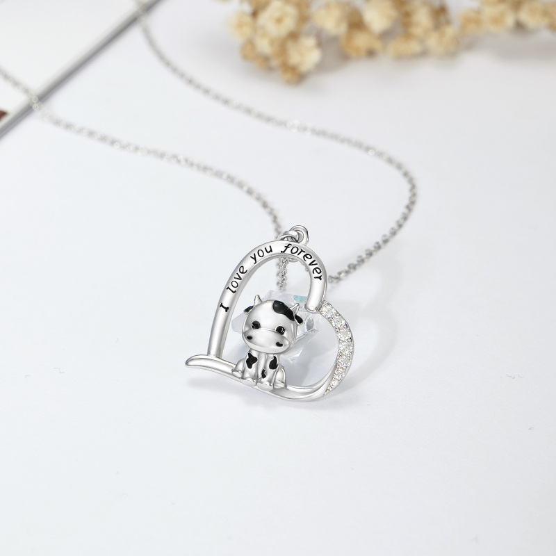 Colar com pingente de vaca e coração em prata esterlina com a inscrição I Love You Forever-3