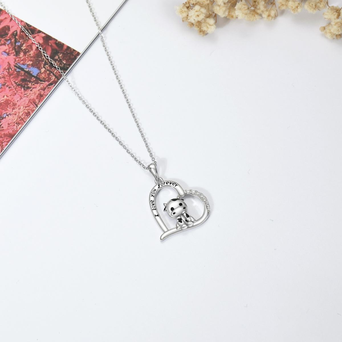 Collier en argent sterling avec pendentif vache et coeur gravé I Love You Forever-4