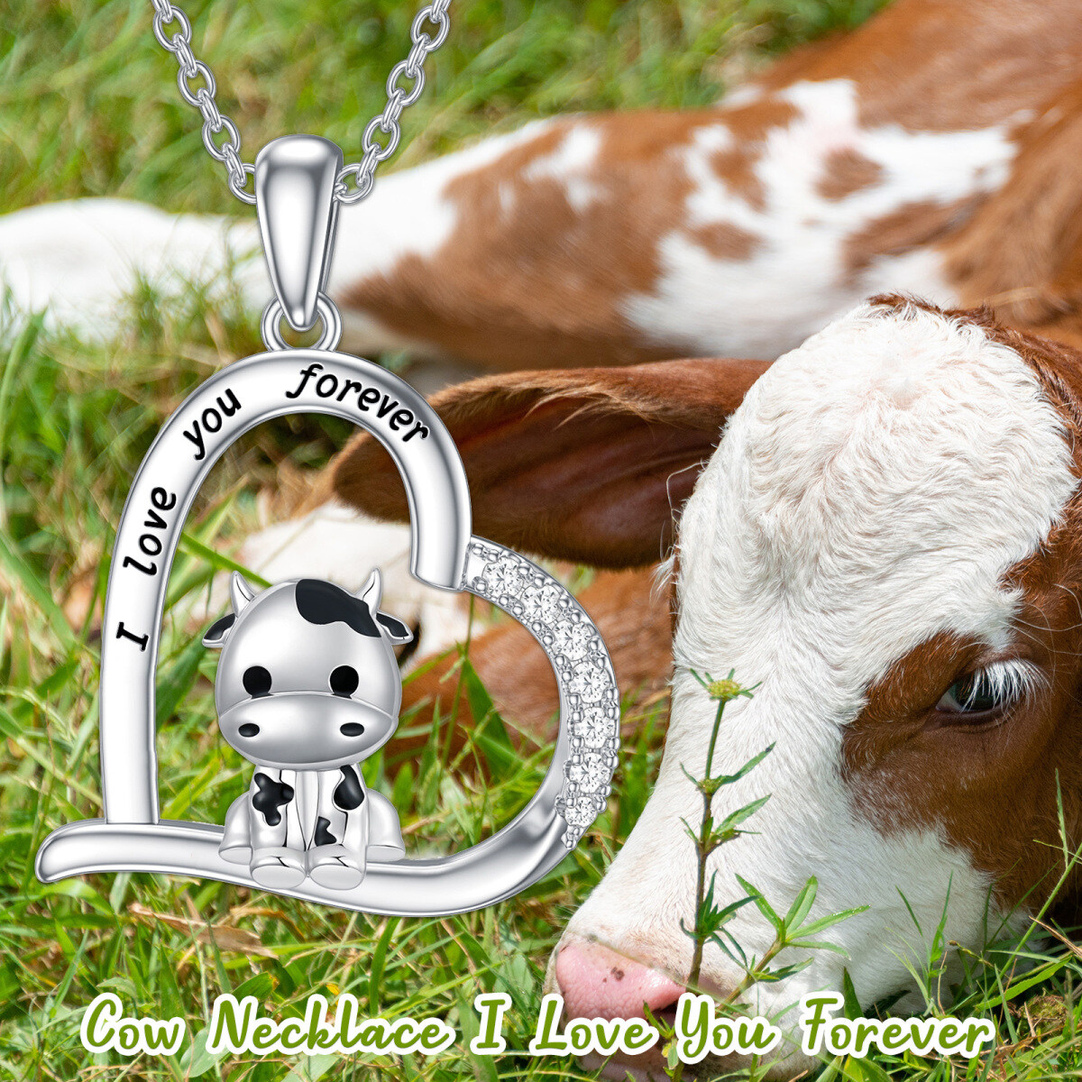 Collier en argent sterling avec pendentif vache et coeur gravé I Love You Forever-5