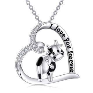 Sterling Silver Cubic Zirconia Cow & Heart Pendant Necklace-2