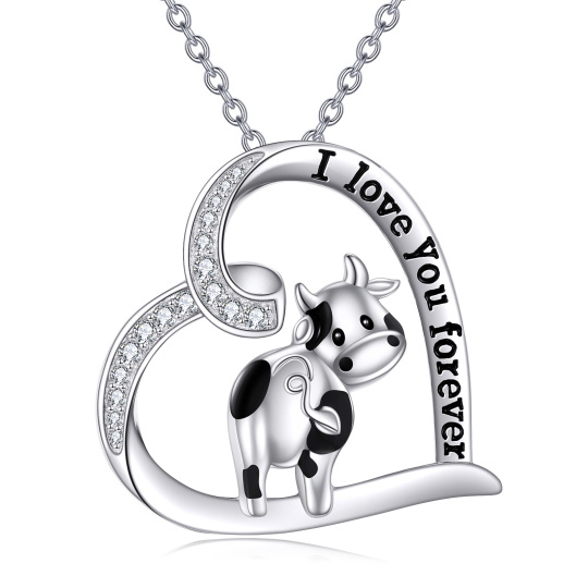 Collana con ciondolo a forma di mucca e cuore in argento sterling con zirconia cubica