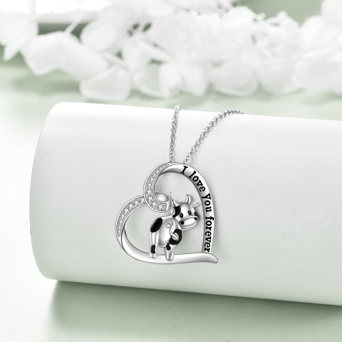 Sterling Silver Cubic Zirconia Cow & Heart Pendant Necklace-3