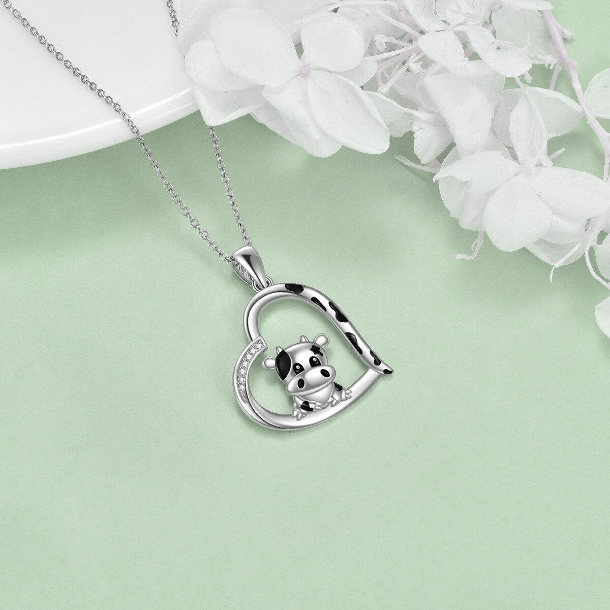 Collana in argento sterling con zirconi cubici a forma di cuore di mucca per donna-4