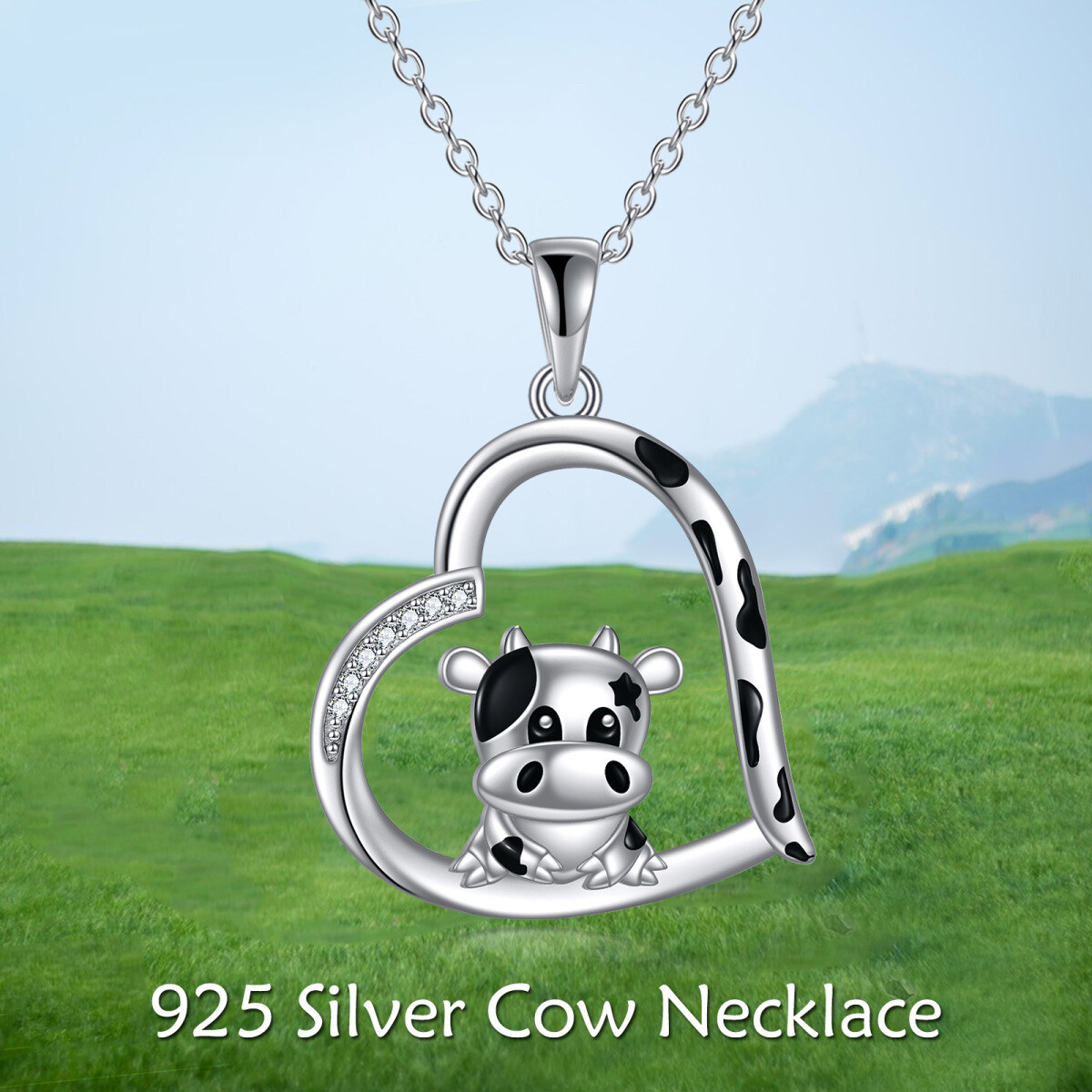 Collana in argento sterling con zirconi cubici a forma di cuore di mucca per donna-6