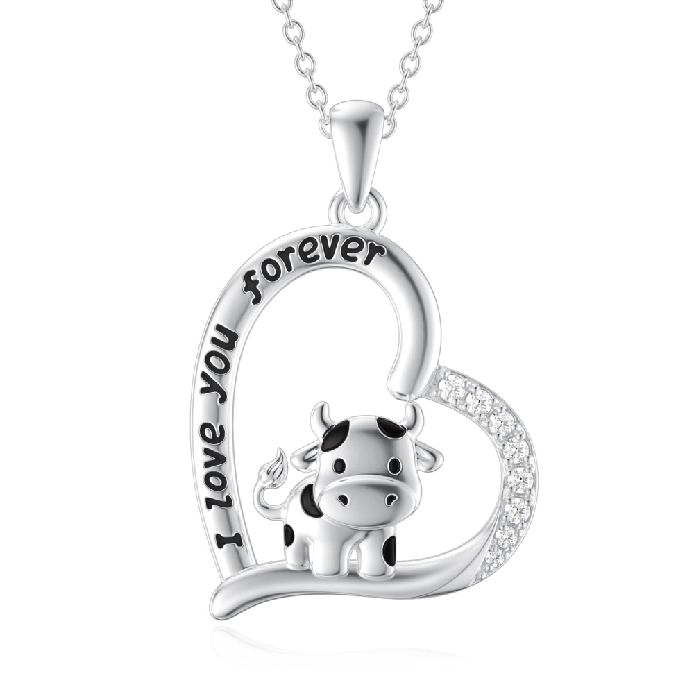 Sterling Silber Cubic Zirkonia Kuh & Herz Anhänger Halskette mit eingraviertem Wort-1