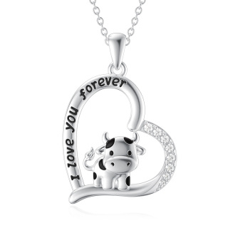 Sterling Silver Cubic Zirconia Cow & Heart Pendant Necklace with Engraved Word-25