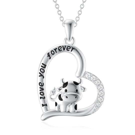 Sterling Silver Cubic Zirconia Cow & Heart Pendant Necklace with Engraved Word