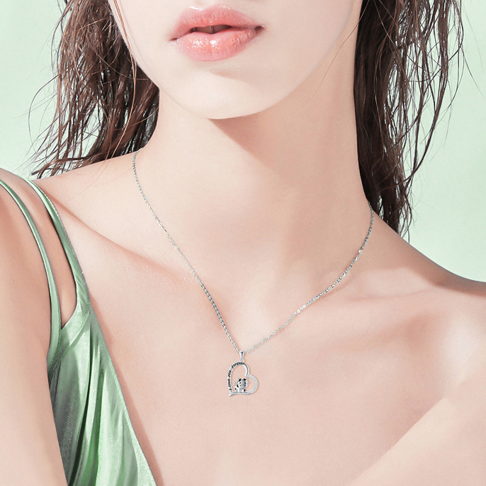 Sterling Silber Cubic Zirkonia Kuh & Herz Anhänger Halskette mit eingraviertem Wort-2