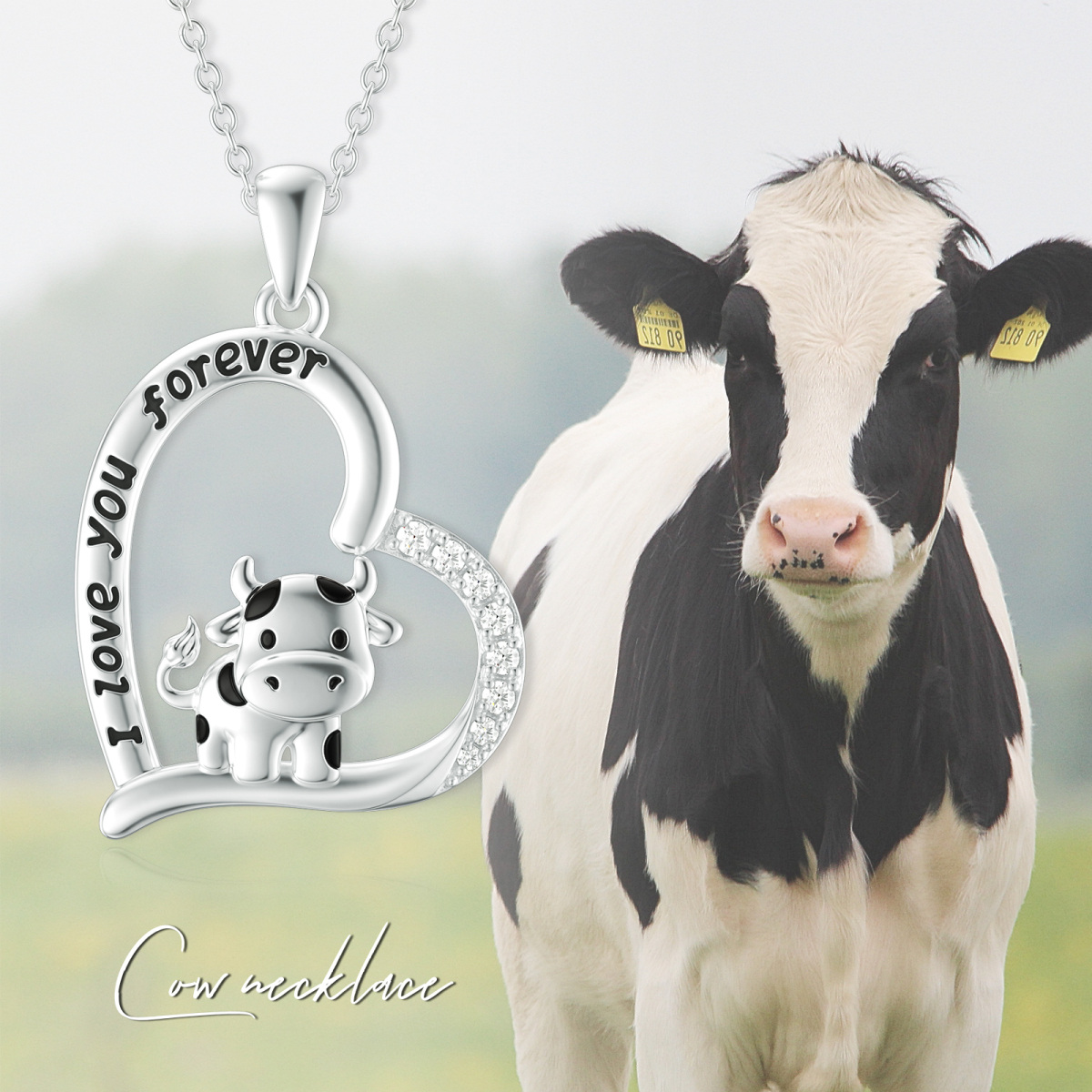 Sterling Silver Cubic Zirconia Cow & Heart Pendant Necklace with Engraved Word-3