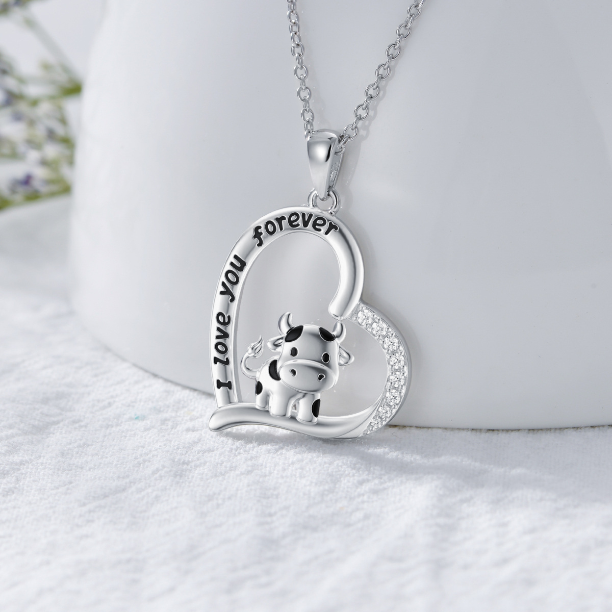 Sterling Silver Cubic Zirconia Cow & Heart Pendant Necklace with Engraved Word-4