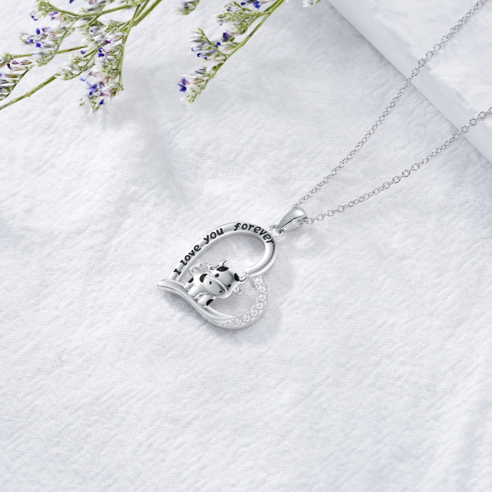 Sterling Silber Cubic Zirkonia Kuh & Herz Anhänger Halskette mit eingraviertem Wort-5