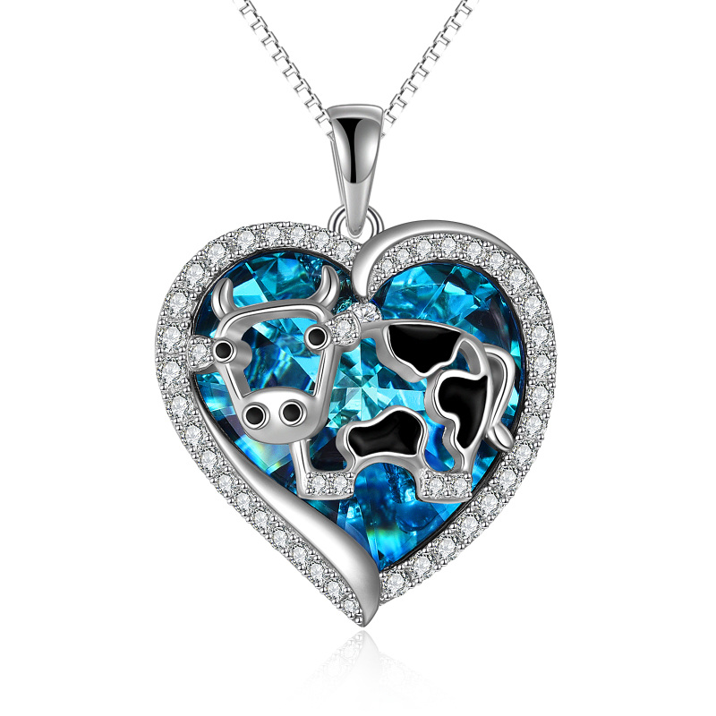 Sterling Silver Cow in Heart Shaped Crystal Pendant Necklace-18