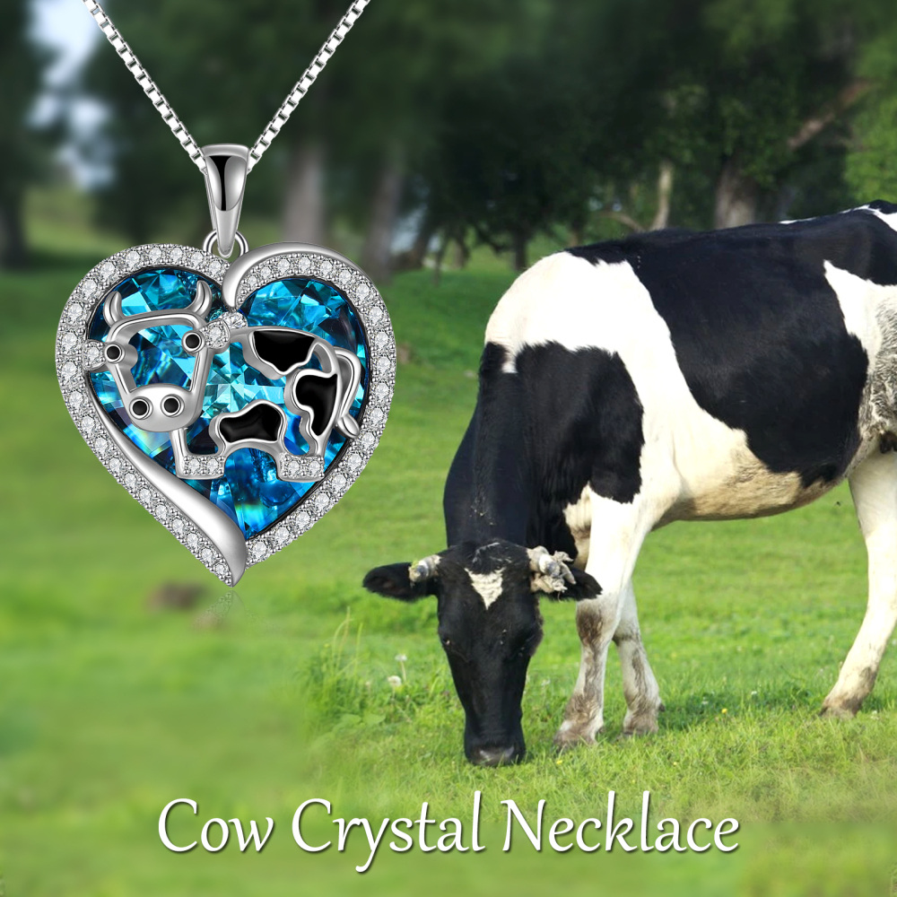 Sterling Silver Cow in Heart Shaped Crystal Pendant Necklace-3