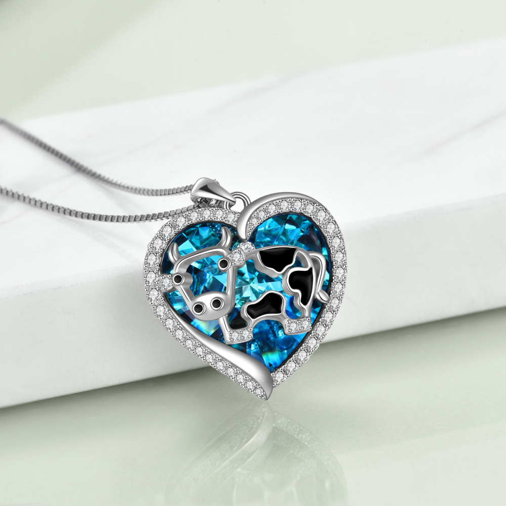 Sterling Silver Cow in Heart Shaped Crystal Pendant Necklace-4