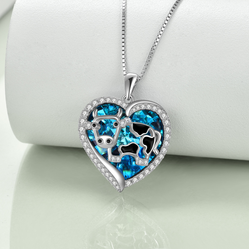 Sterling Silver Cow in Heart Shaped Crystal Pendant Necklace-5