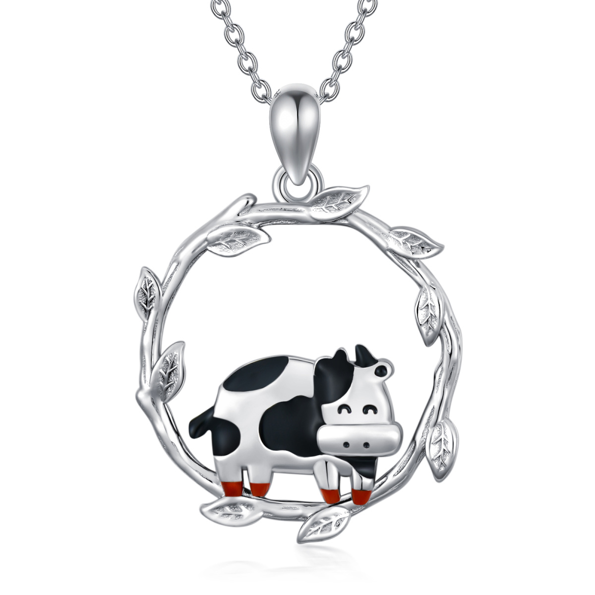 Sterling Silver Cow & Leaves Pendant Necklace-1