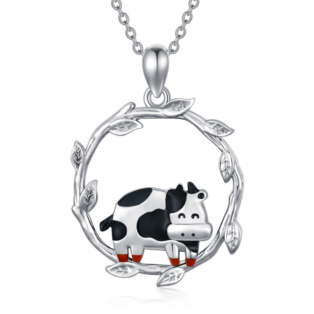 Collana con ciondolo a forma di mucca e foglie in argento sterling-1