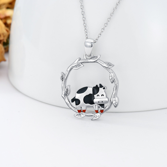 Collana con ciondolo a forma di mucca e foglie in argento sterling-3