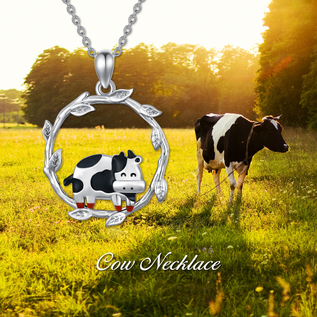 Sterling Silver Cow & Leaves Pendant Necklace-5