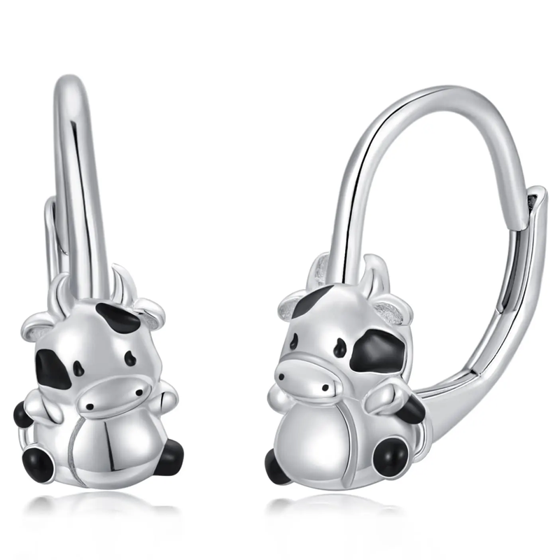 Sterling Silver Cow Lever-back Earrings-2