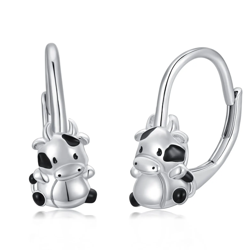 Sterling Silver Cow Lever-back Earrings-3