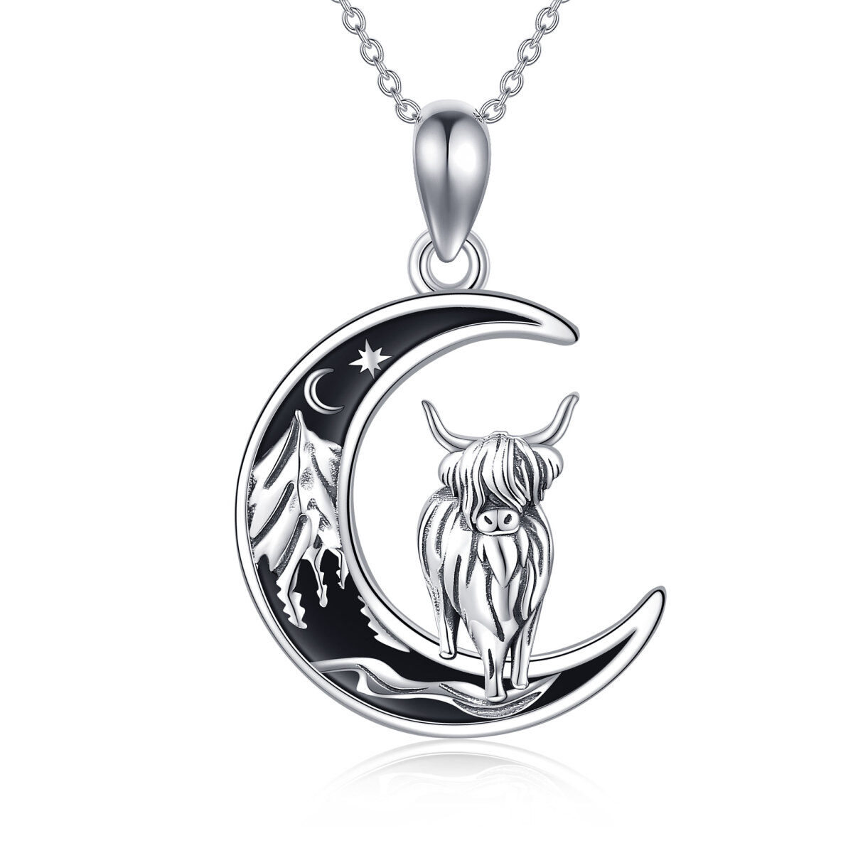 Sterling Silver Moon Highland Cow With Mountains Pendant Necklace For Women-1