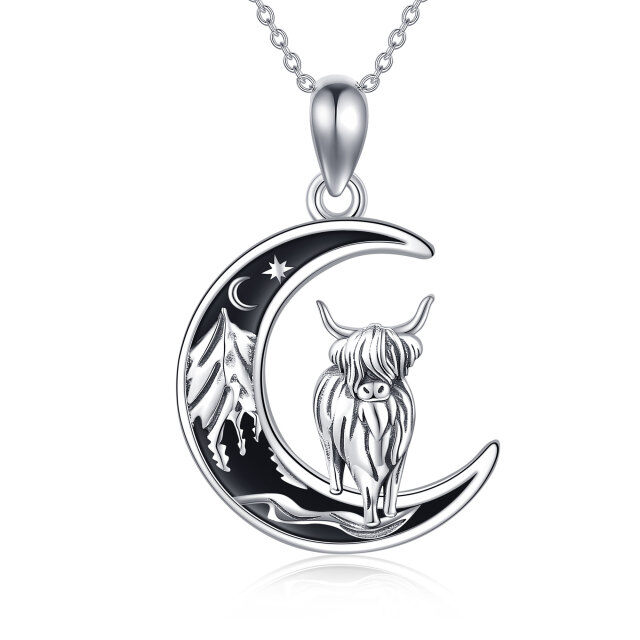 Sterling Silver Cow & Moon & Mountains Pendant Necklace-2