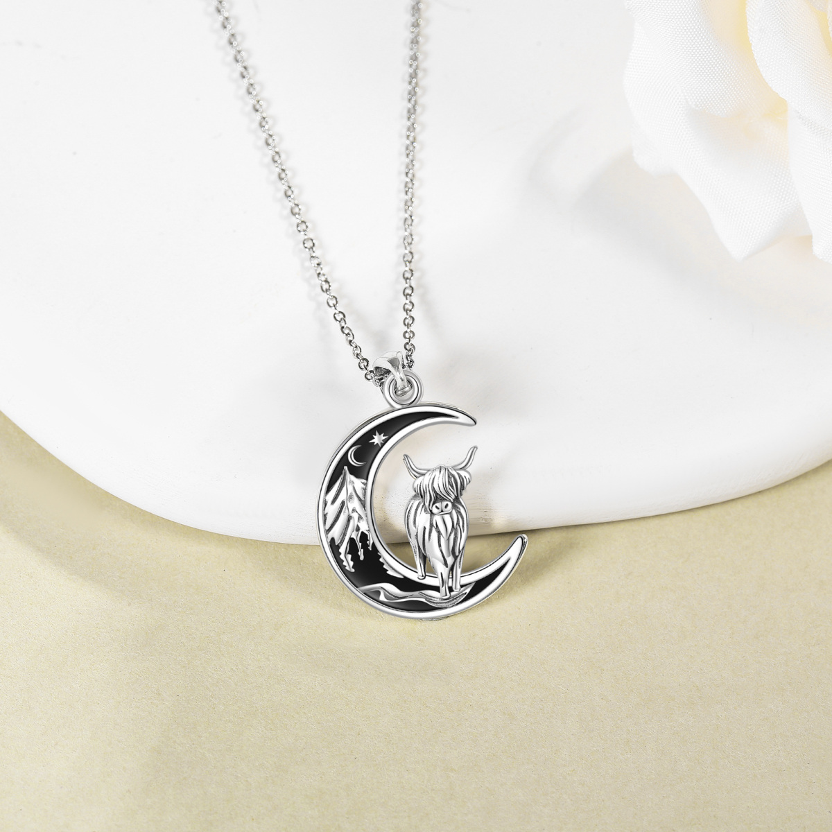 Sterling Silver Moon Highland Cow With Mountains Pendant Necklace For Women-3