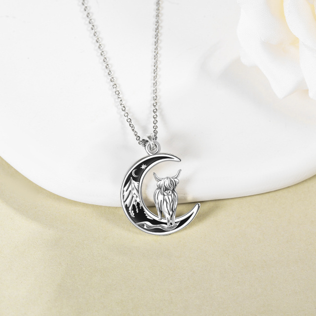 Sterling Silver Cow & Moon & Mountains Pendant Necklace-3