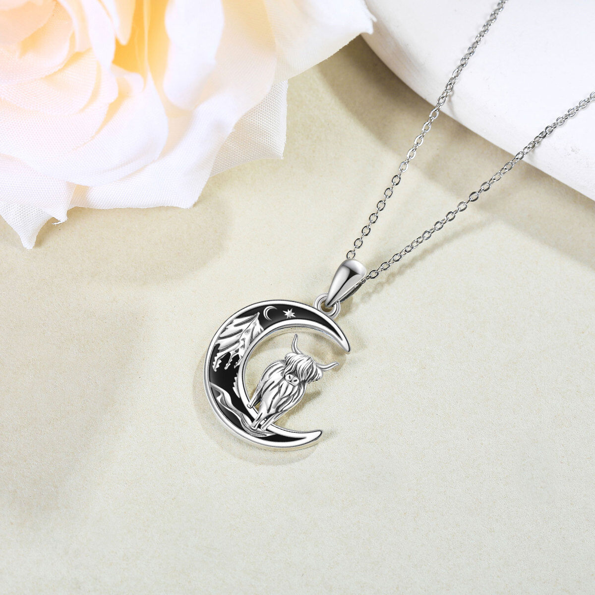 Sterling Silver Moon Highland Cow With Mountains Pendant Necklace For Women-4