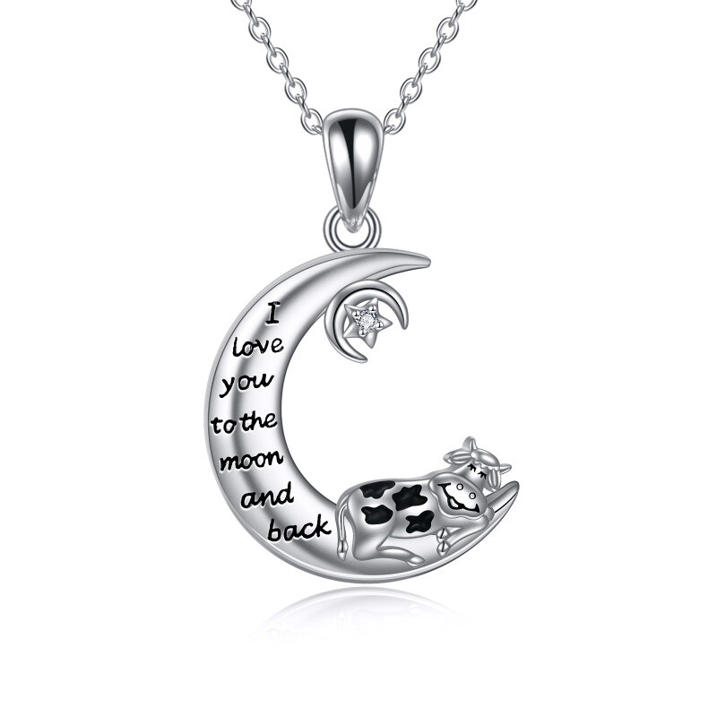 Sterling Silver Cubic Zirconia Cow & Moon Pendant Necklace-10