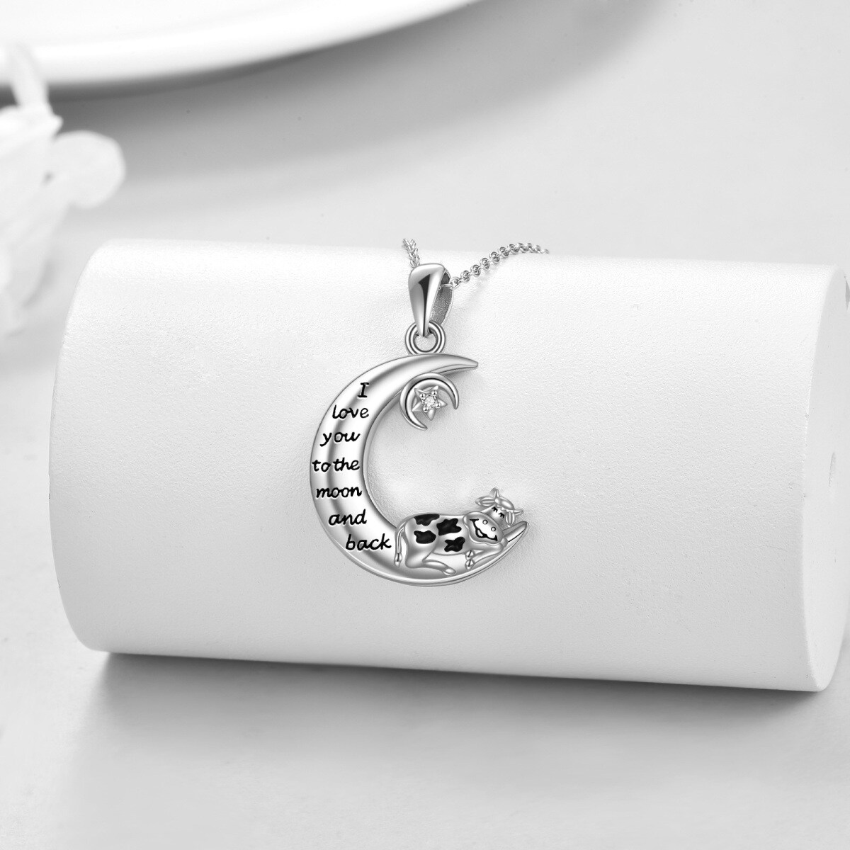 Sterling Silver Cubic Zirconia Cow & Moon Pendant Necklace-3