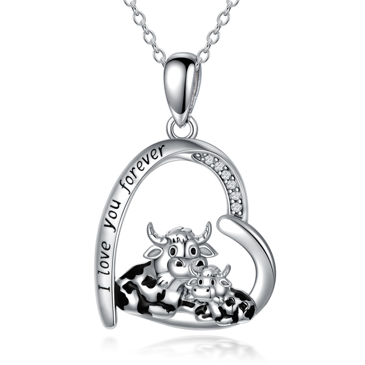 Collier en argent sterling avec pendentif en forme de coeur de vache et d'enfant gravé I Love You Forever (Je t'aime pour toujours)-1