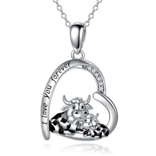 Sterling Silver Cubic Zirconia Cow Mother & Kids Heart Pendant Necklace Engraved I Love You Forever-46