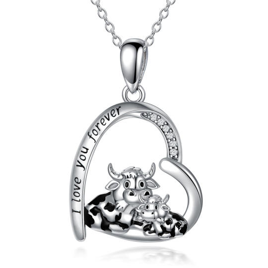 Sterling Silver Cubic Zirconia Cow Mother & Kids Heart Pendant Necklace Engraved I Love You Forever