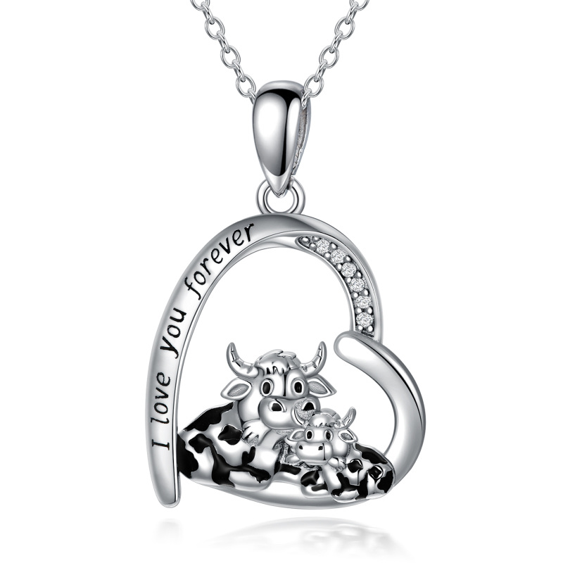 Sterling zilveren Cubic Zirconia koe moeder & kinderen hart hanger ketting gegraveerd I Love You Forever-2