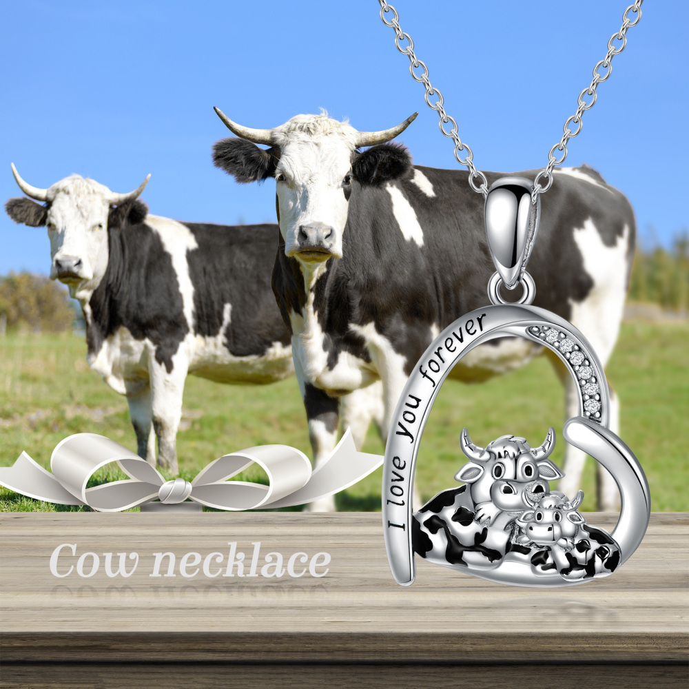 Sterling Silver Cubic Zirconia Cow Mother & Kids Heart Pendant Necklace Engraved I Love You Forever-3