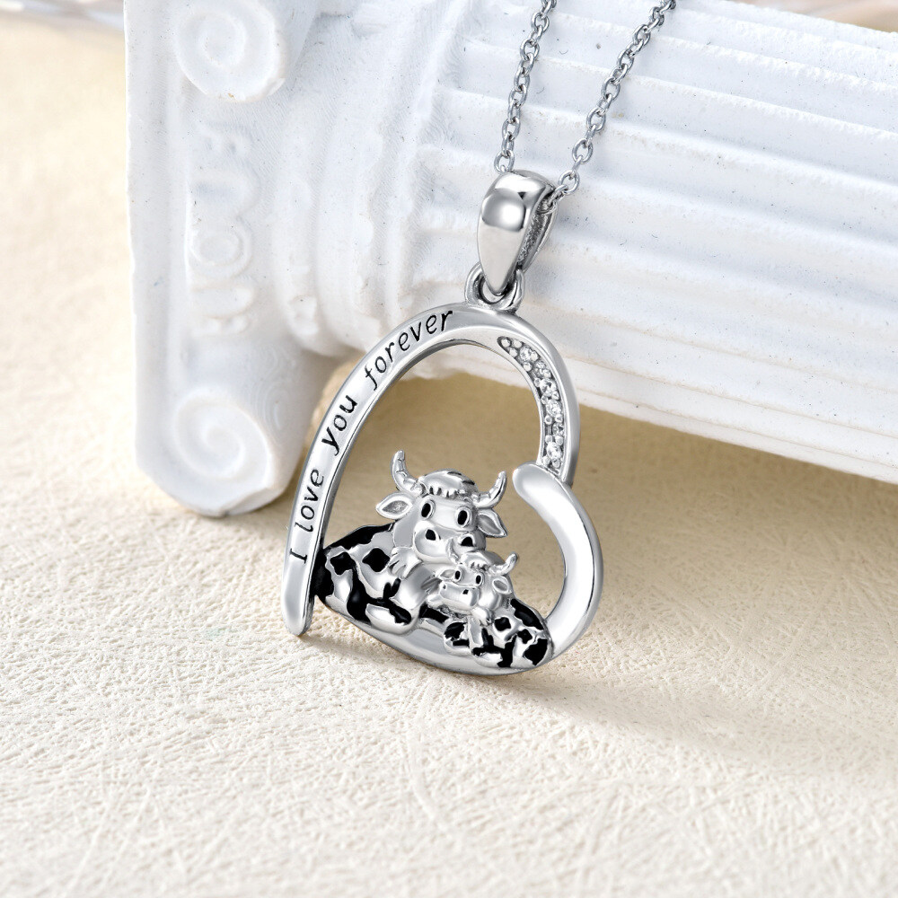 Sterling Silver Cubic Zirconia Cow Mother & Kids Heart Pendant Necklace Engraved I Love You Forever-4