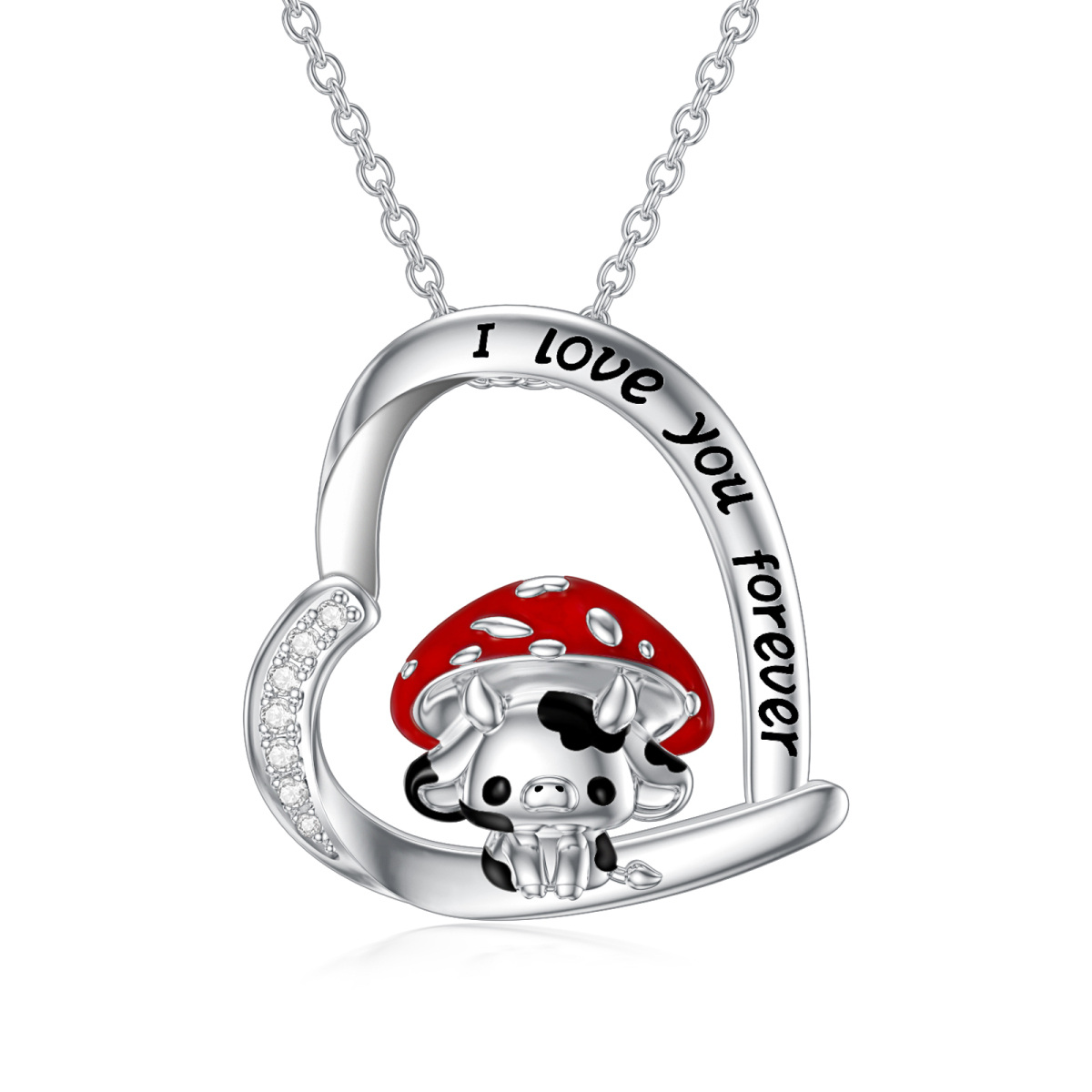 Sterling Silver Cow & Mushroom Pendant Necklace with Engraved Word-1